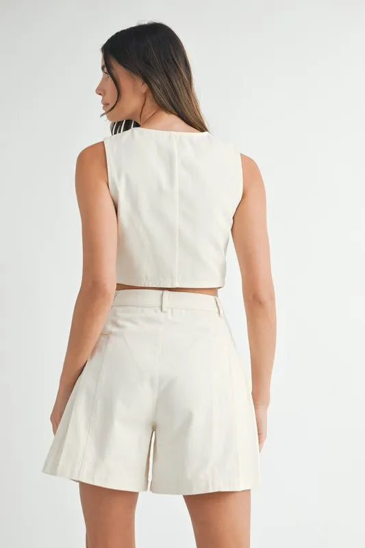 MABLE Button Down Vest Blazer and Shorts Set-MABLE-Ecru-S-Urbanheer