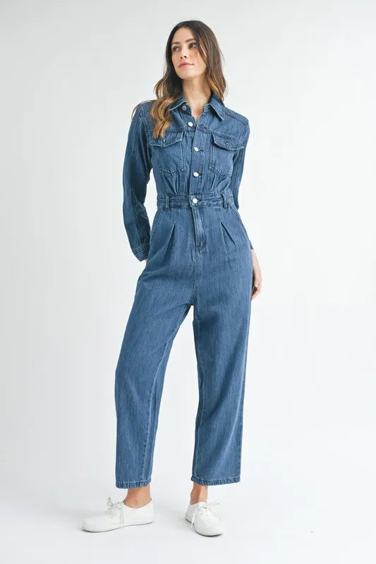 MABLE Cinched Waist Straight Leg Denim Jumpsuit-MABLE-Dk Denim-S-Urbanheer