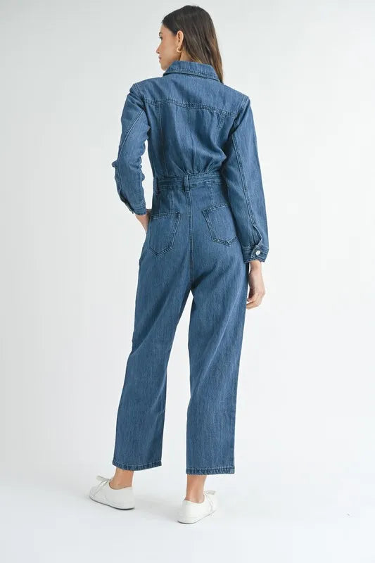 MABLE Cinched Waist Straight Leg Denim Jumpsuit-MABLE-Dk Denim-S-Urbanheer