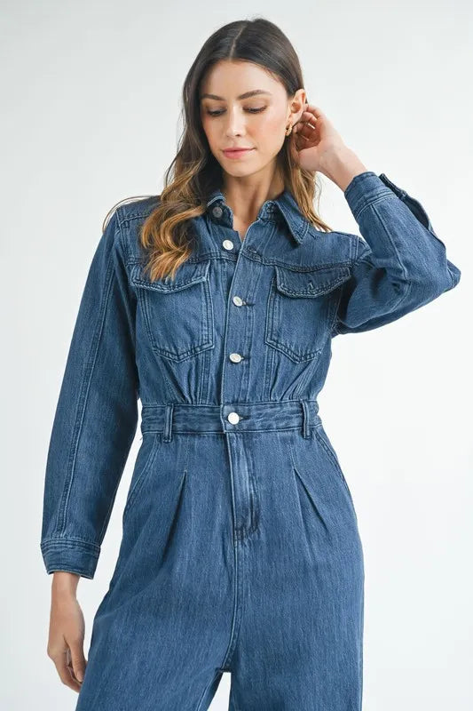 MABLE Cinched Waist Straight Leg Denim Jumpsuit-MABLE-Dk Denim-S-Urbanheer