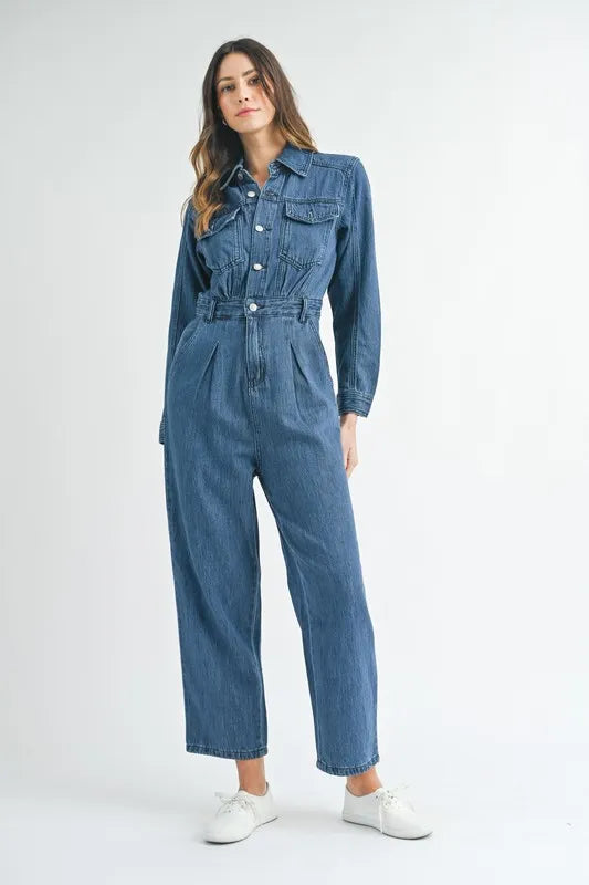 MABLE Cinched Waist Straight Leg Denim Jumpsuit-MABLE-Dk Denim-S-Urbanheer