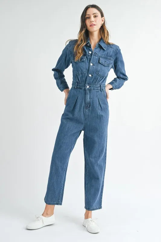 MABLE Cinched Waist Straight Leg Denim Jumpsuit-MABLE-Dk Denim-S-Urbanheer