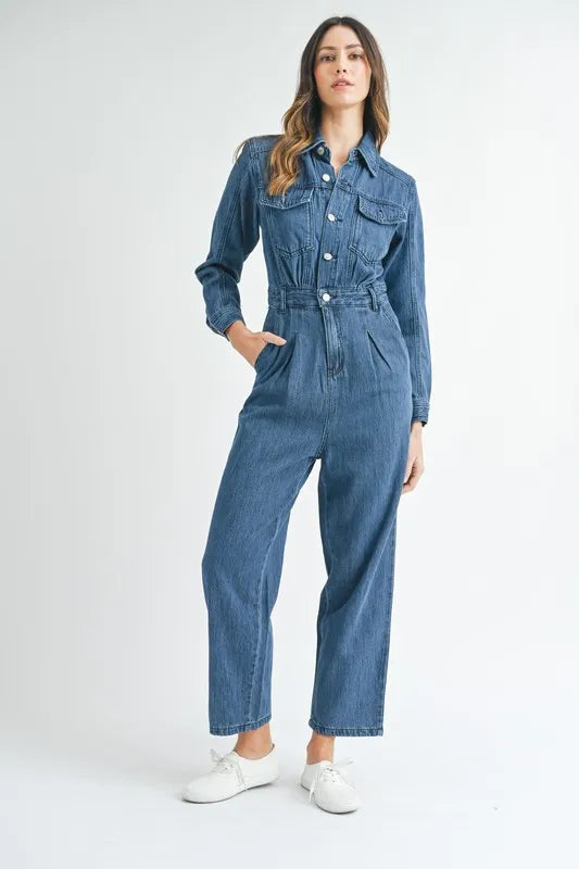 MABLE Cinched Waist Straight Leg Denim Jumpsuit-MABLE-Dk Denim-S-Urbanheer