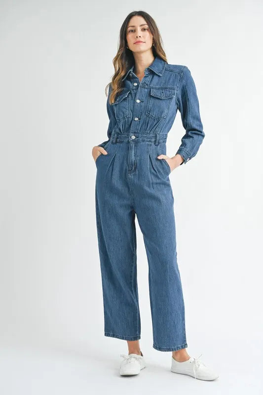 MABLE Cinched Waist Straight Leg Denim Jumpsuit-MABLE-Dk Denim-S-Urbanheer