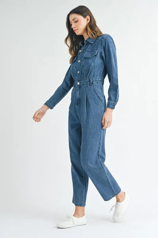 MABLE Cinched Waist Straight Leg Denim Jumpsuit-MABLE-Dk Denim-S-Urbanheer