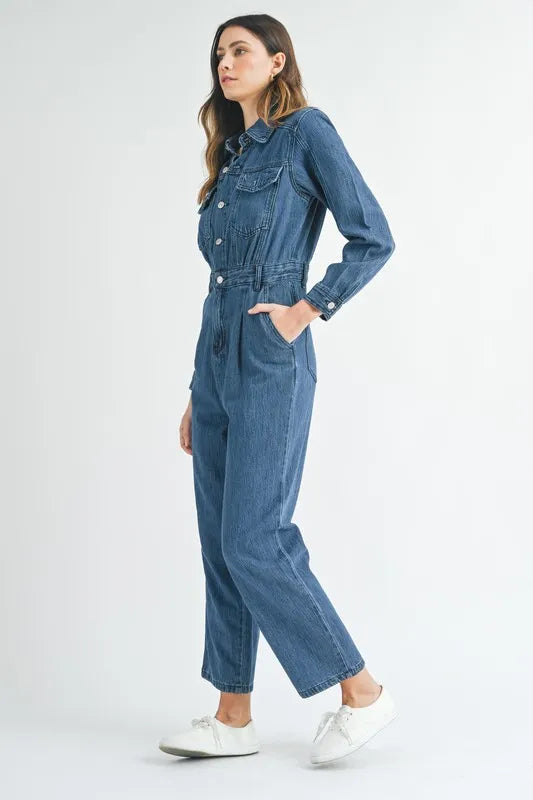 MABLE Cinched Waist Straight Leg Denim Jumpsuit-MABLE-Dk Denim-S-Urbanheer
