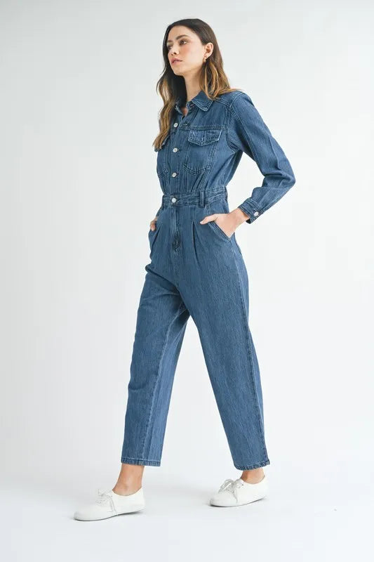 MABLE Cinched Waist Straight Leg Denim Jumpsuit-MABLE-Dk Denim-S-Urbanheer