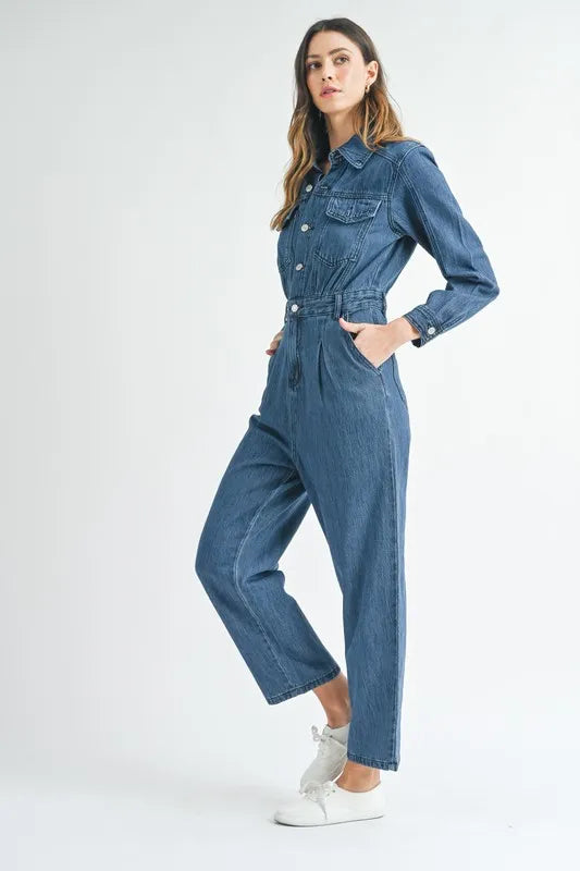 MABLE Cinched Waist Straight Leg Denim Jumpsuit-MABLE-Dk Denim-S-Urbanheer