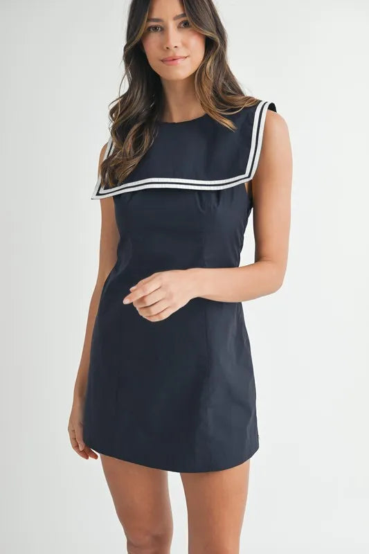 MABLE Contrast Piping Square Sailor Collar Mini Dress-MABLE-Navy-S-Urbanheer