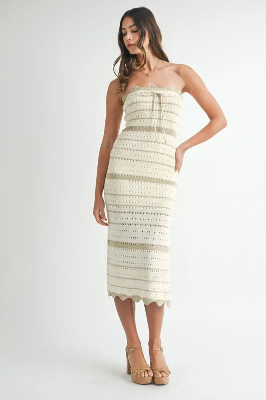 MABLE Contrast Striped Crochet Knit Midi Dress-MABLE-LT TAUPE-S-Urbanheer