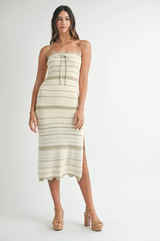 MABLE Contrast Striped Crochet Knit Midi Dress-MABLE-LT TAUPE-S-Urbanheer