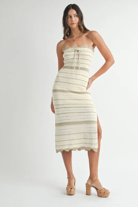 MABLE Contrast Striped Crochet Knit Midi Dress-MABLE-LT TAUPE-S-Urbanheer