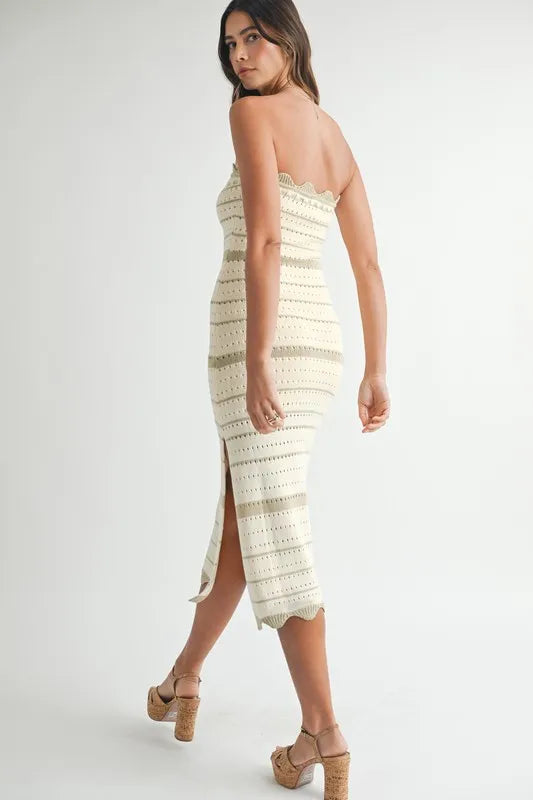 MABLE Contrast Striped Crochet Knit Midi Dress-MABLE-LT TAUPE-S-Urbanheer