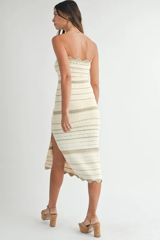 MABLE Contrast Striped Crochet Knit Midi Dress-MABLE-LT TAUPE-S-Urbanheer