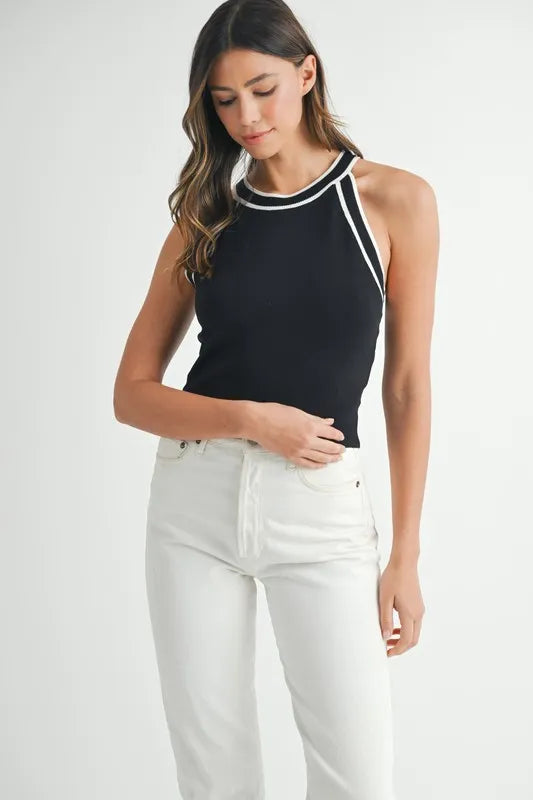MABLE Contrast Trim Grecian Neck Cropped Tank-MABLE-Black-S-Urbanheer