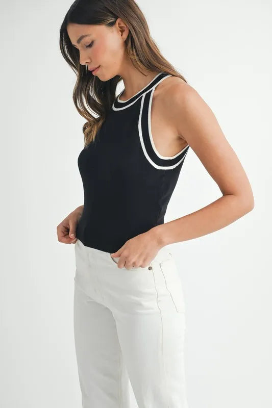 MABLE Contrast Trim Grecian Neck Cropped Tank-MABLE-Black-S-Urbanheer