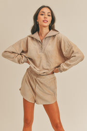 MABLE Corduroy Half Zip Top and Shorts Set-MABLE-Taupe-S-Urbanheer