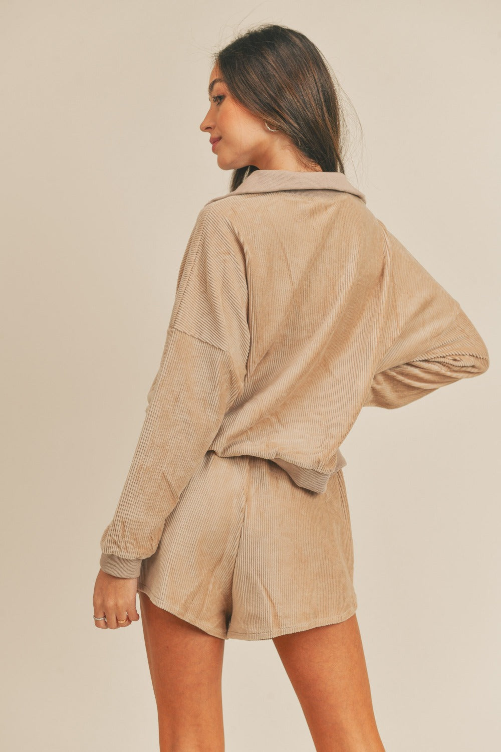 MABLE Corduroy Half Zip Top and Shorts Set-MABLE-Taupe-S-Urbanheer
