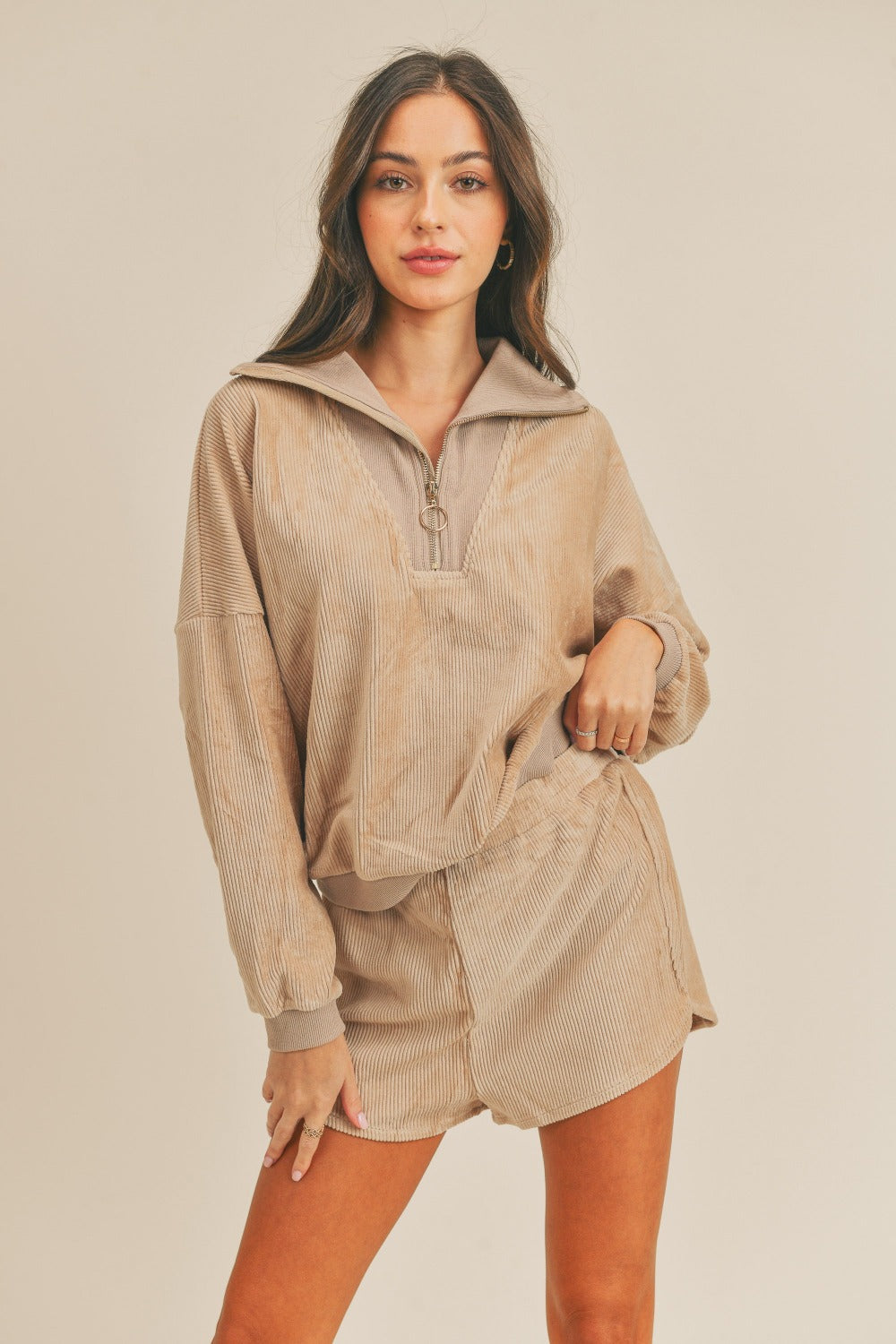 MABLE Corduroy Half Zip Top and Shorts Set-MABLE-Taupe-S-Urbanheer