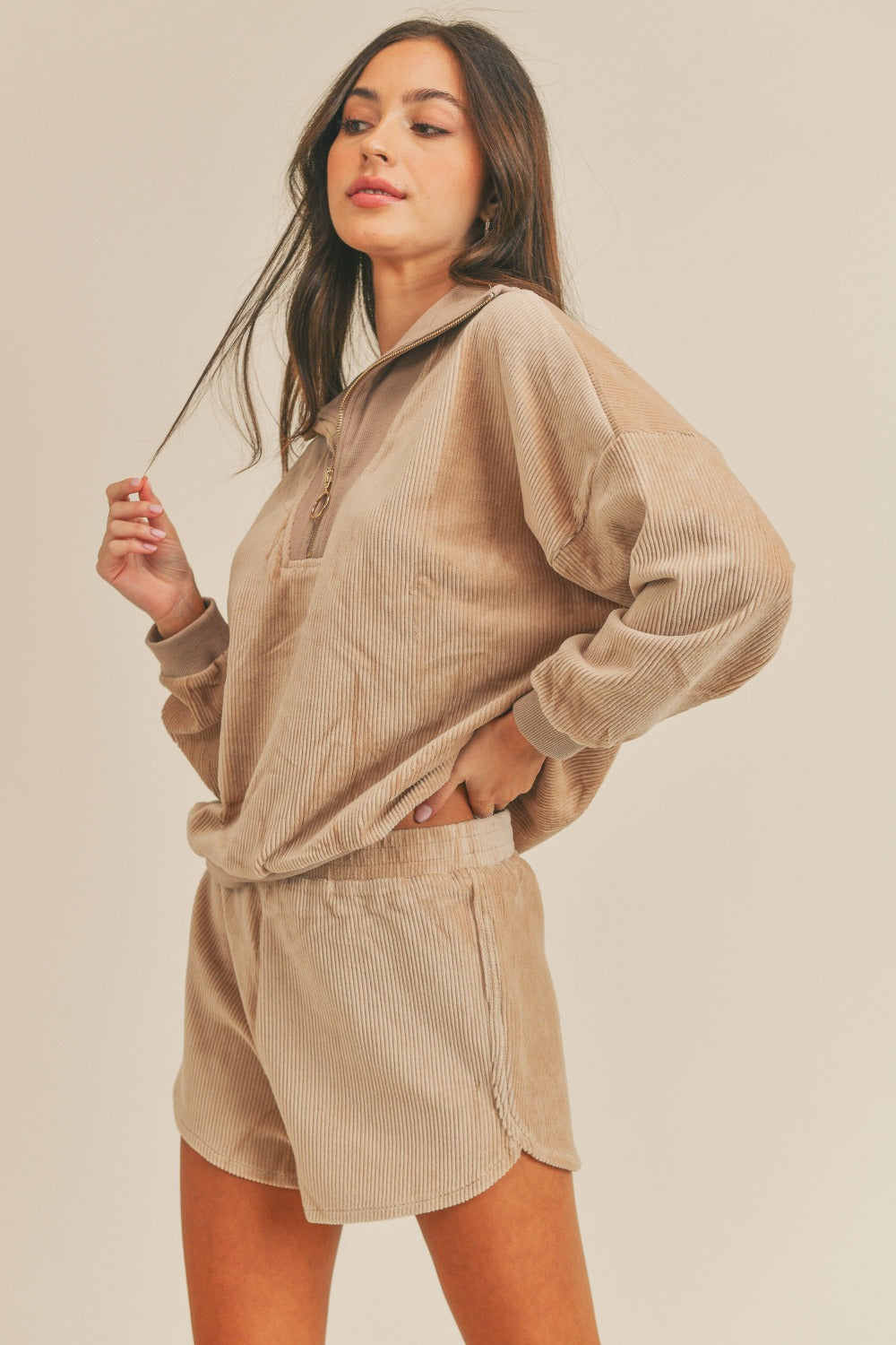 MABLE Corduroy Half Zip Top and Shorts Set-MABLE-Taupe-S-Urbanheer