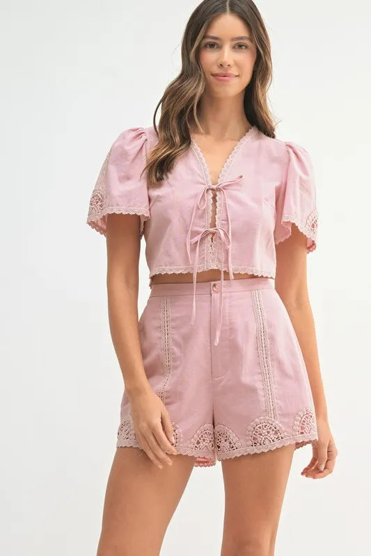 MABLE Crochet Lace Detail Crop Top and Shorts Set-MABLE-Lt Mauve-L-Urbanheer