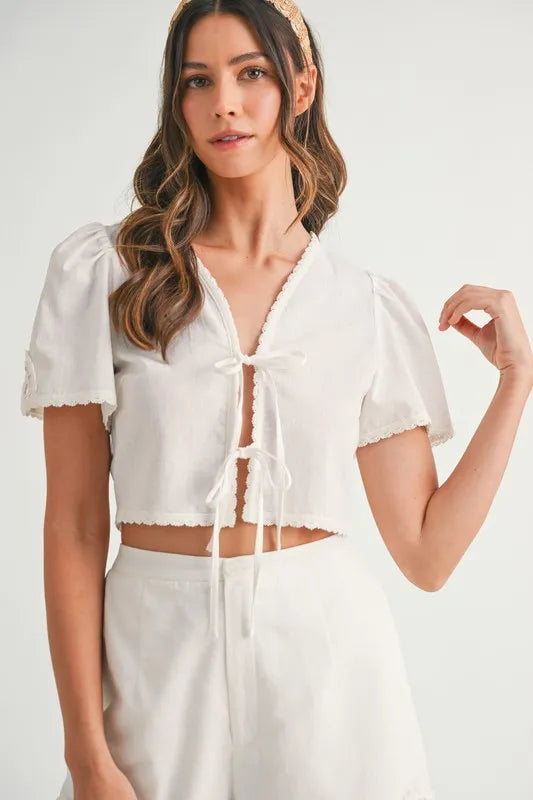 MABLE Crochet Lace Detail Crop Top and Shorts Set-MABLE-Off White-S-Urbanheer
