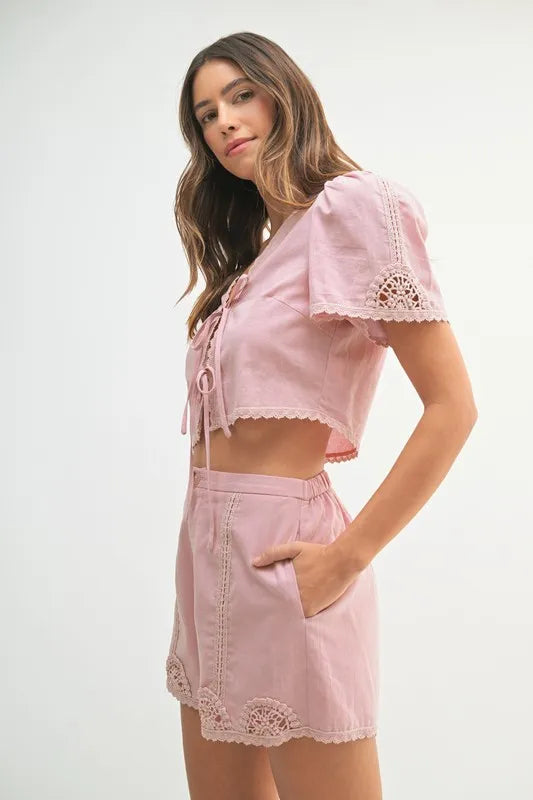 MABLE Crochet Lace Detail Crop Top and Shorts Set-MABLE-Lt Mauve-L-Urbanheer