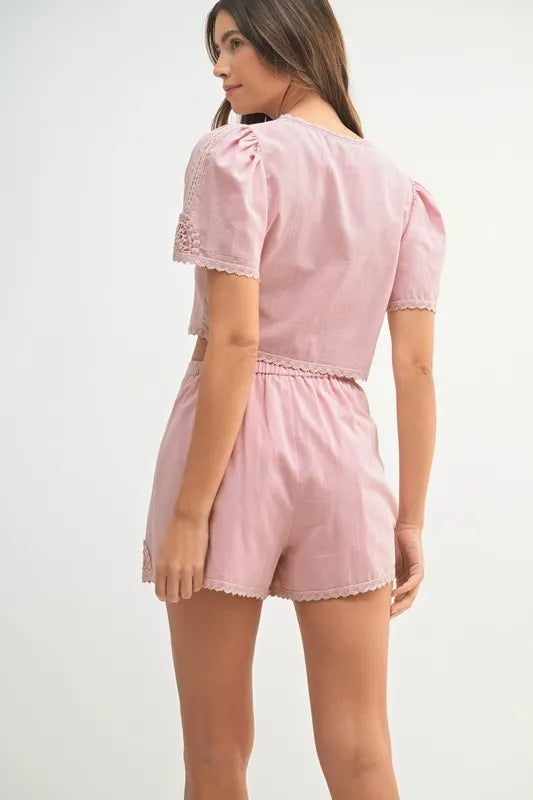 MABLE Crochet Lace Detail Crop Top and Shorts Set-MABLE-Lt Mauve-L-Urbanheer