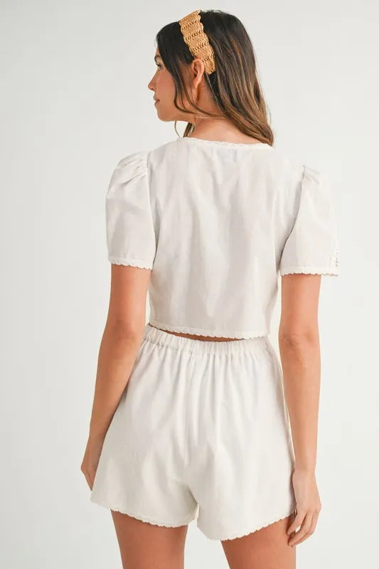 MABLE Crochet Lace Detail Crop Top and Shorts Set-MABLE-Off White-S-Urbanheer