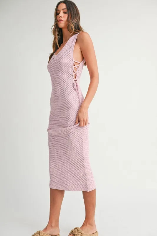 MABLE Crochet Side Lace Up Knit Midi Dress-MABLE-PINK LAVENDER-S-Urbanheer