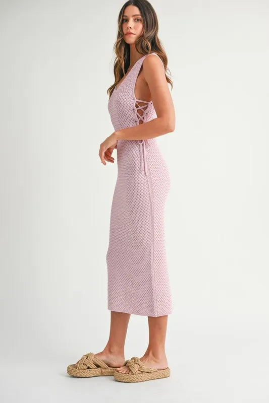 MABLE Crochet Side Lace Up Knit Midi Dress-MABLE-PINK LAVENDER-S-Urbanheer
