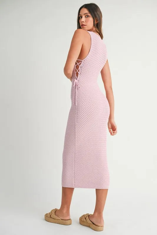 MABLE Crochet Side Lace Up Knit Midi Dress-MABLE-PINK LAVENDER-S-Urbanheer