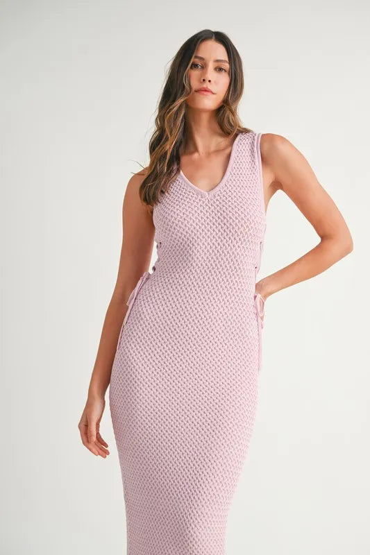 MABLE Crochet Side Lace Up Knit Midi Dress-MABLE-PINK LAVENDER-S-Urbanheer