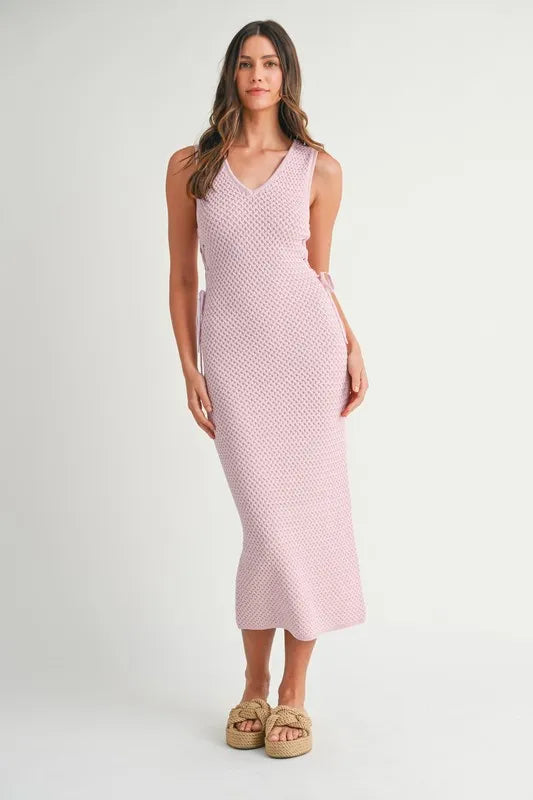 MABLE Crochet Side Lace Up Knit Midi Dress-MABLE-PINK LAVENDER-S-Urbanheer