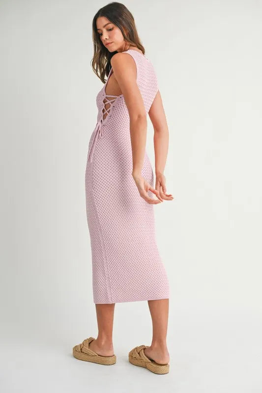 MABLE Crochet Side Lace Up Knit Midi Dress-MABLE-PINK LAVENDER-S-Urbanheer