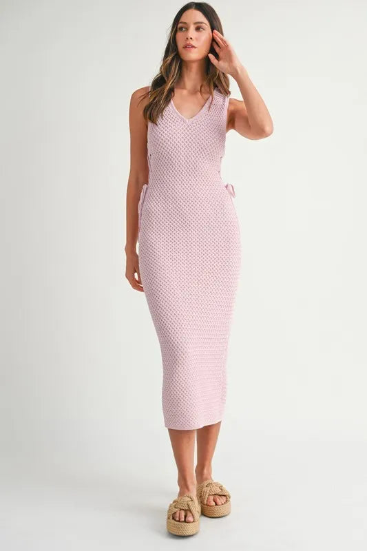 MABLE Crochet Side Lace Up Knit Midi Dress-MABLE-PINK LAVENDER-S-Urbanheer