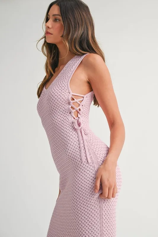 MABLE Crochet Side Lace Up Knit Midi Dress-MABLE-PINK LAVENDER-S-Urbanheer