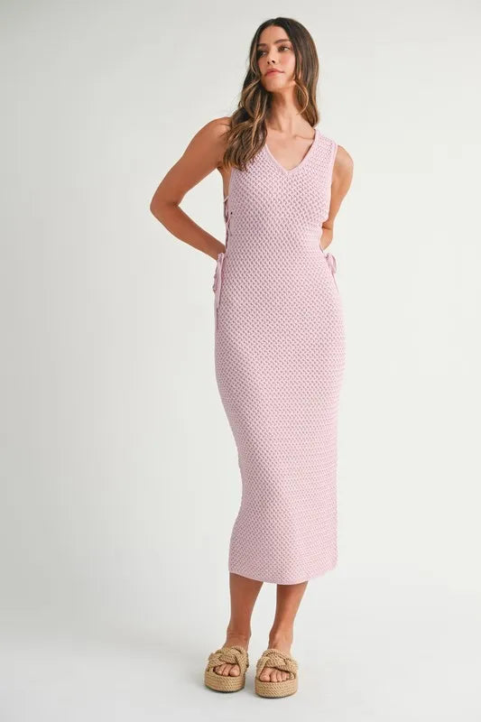 MABLE Crochet Side Lace Up Knit Midi Dress-MABLE-PINK LAVENDER-S-Urbanheer