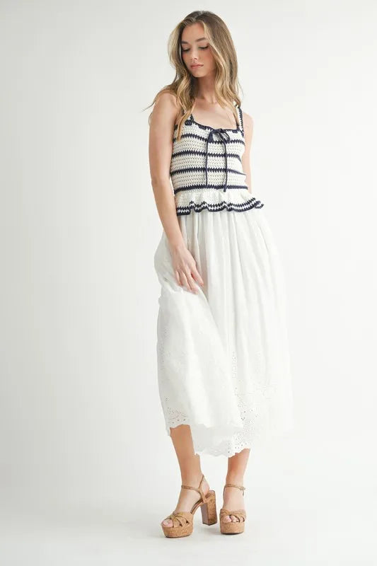 MABLE Crochet Stripe Knit Eyelet Mix Midi Dress-MABLE-Off White-S-Urbanheer
