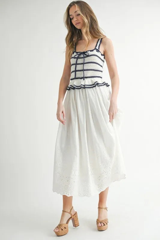 MABLE Crochet Stripe Knit Eyelet Mix Midi Dress-MABLE-Off White-S-Urbanheer