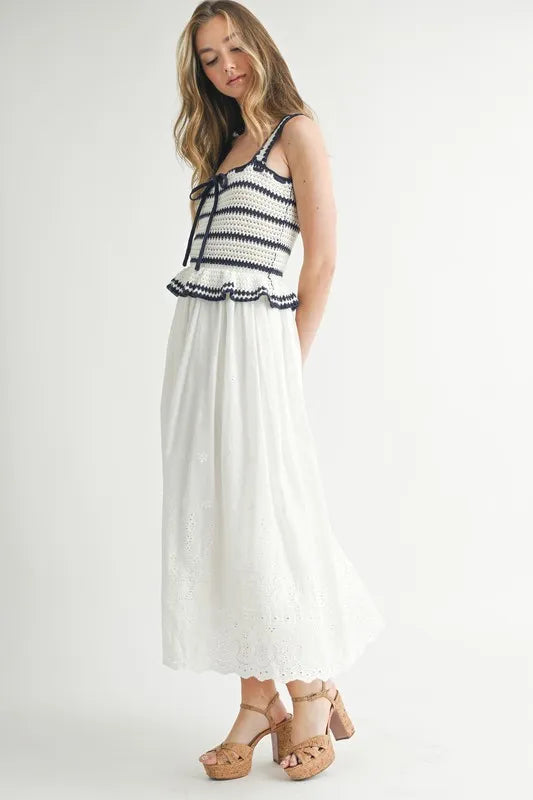 MABLE Crochet Stripe Knit Eyelet Mix Midi Dress-MABLE-Off White-S-Urbanheer