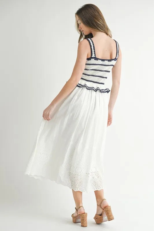 MABLE Crochet Stripe Knit Eyelet Mix Midi Dress-MABLE-Off White-S-Urbanheer