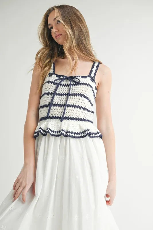 MABLE Crochet Stripe Knit Eyelet Mix Midi Dress from MABLE exclusive Urbanheer MABLE Crochet Stripe Knit Eyelet Mix Midi Dress from MABLE exclusive Urbanheer