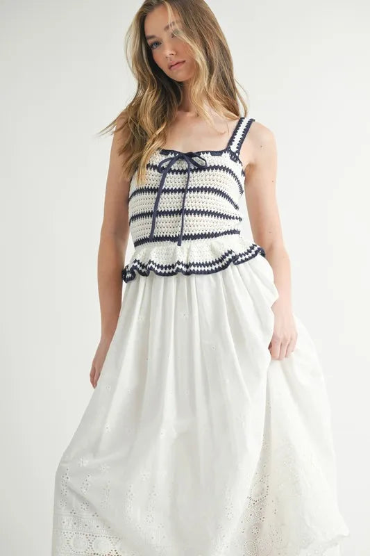 MABLE Crochet Stripe Knit Eyelet Mix Midi Dress-MABLE-Off White-S-Urbanheer