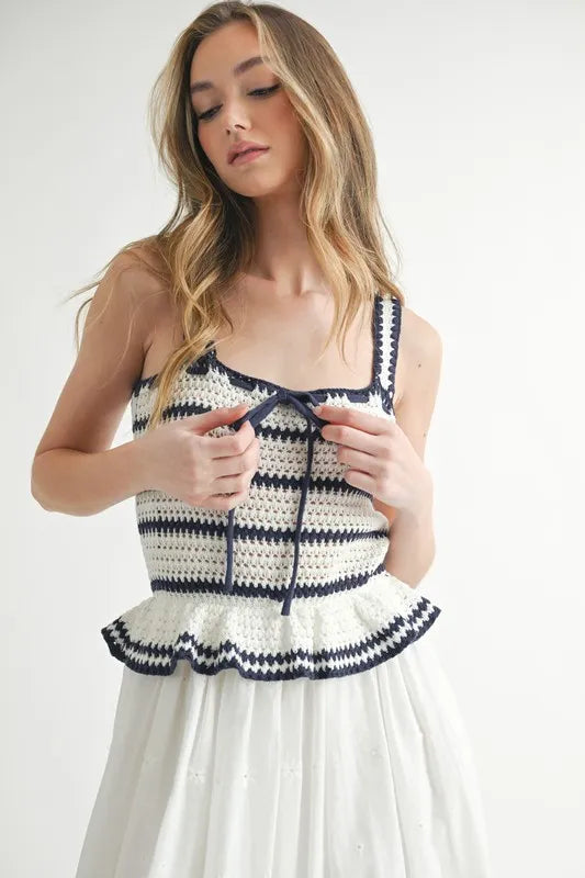 MABLE Crochet Stripe Knit Eyelet Mix Midi Dress-MABLE-Off White-S-Urbanheer