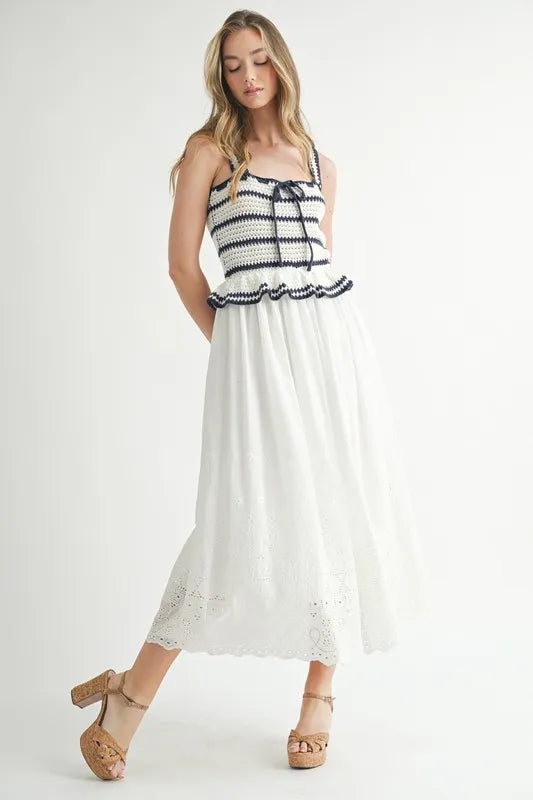 MABLE Crochet Stripe Knit Eyelet Mix Midi Dress-MABLE-Off White-S-Urbanheer