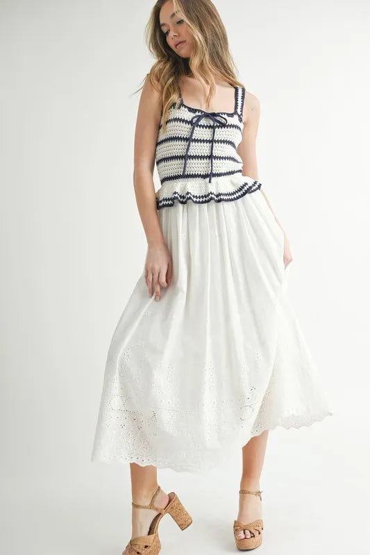 MABLE Crochet Stripe Knit Eyelet Mix Midi Dress-MABLE-Off White-S-Urbanheer