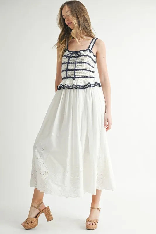 MABLE Crochet Stripe Knit Eyelet Mix Midi Dress-MABLE-Off White-S-Urbanheer