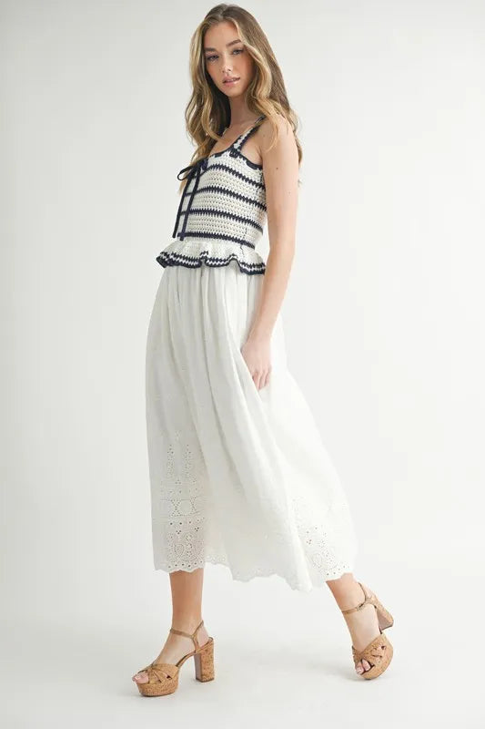 MABLE Crochet Stripe Knit Eyelet Mix Midi Dress-MABLE-Off White-S-Urbanheer