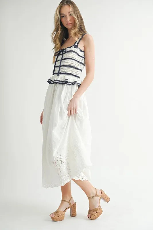 MABLE Crochet Stripe Knit Eyelet Mix Midi Dress-MABLE-Off White-S-Urbanheer